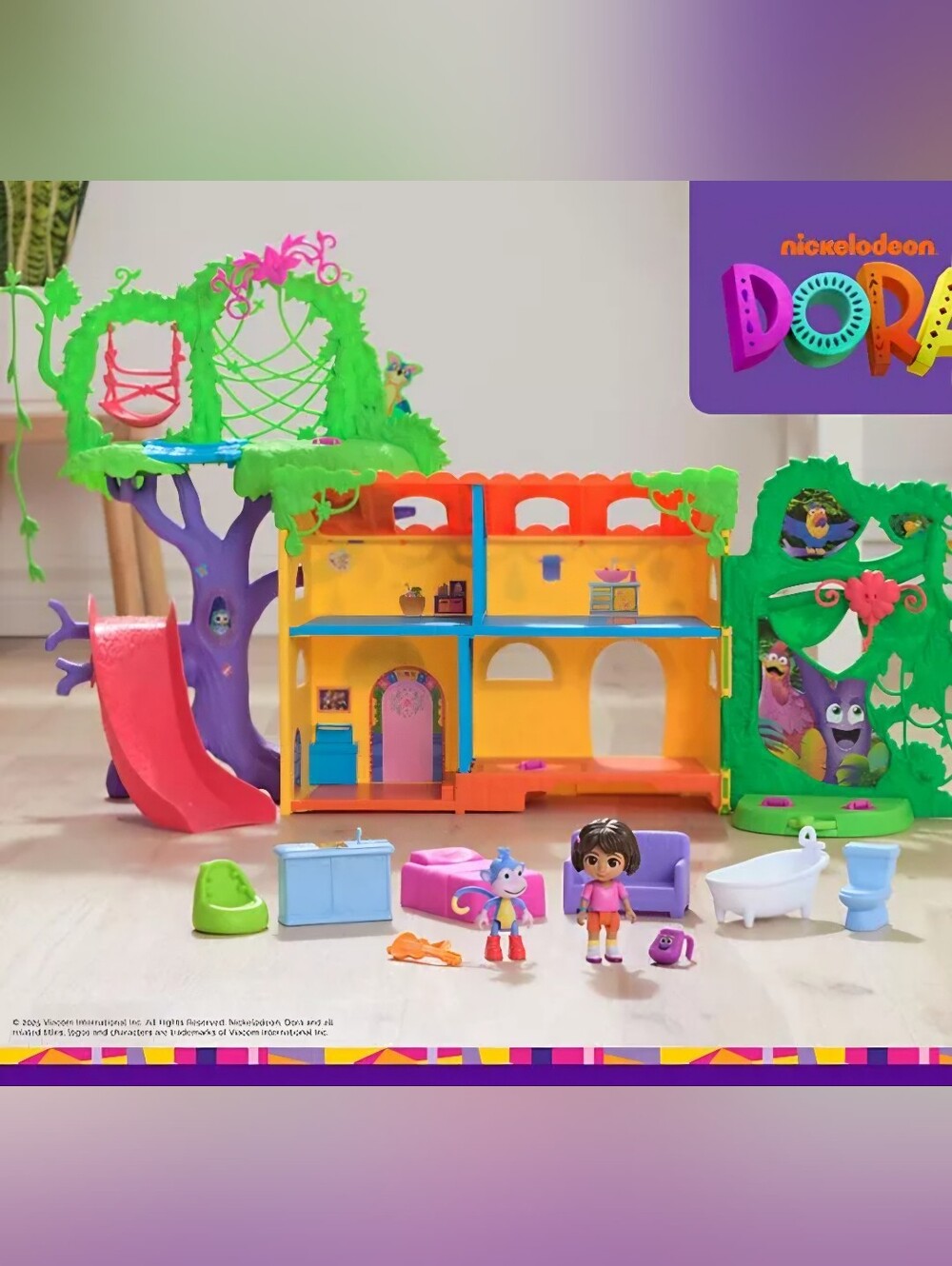 Nickelodeon Dora Playset with Yellow House, Green Tree & Purple Accents
